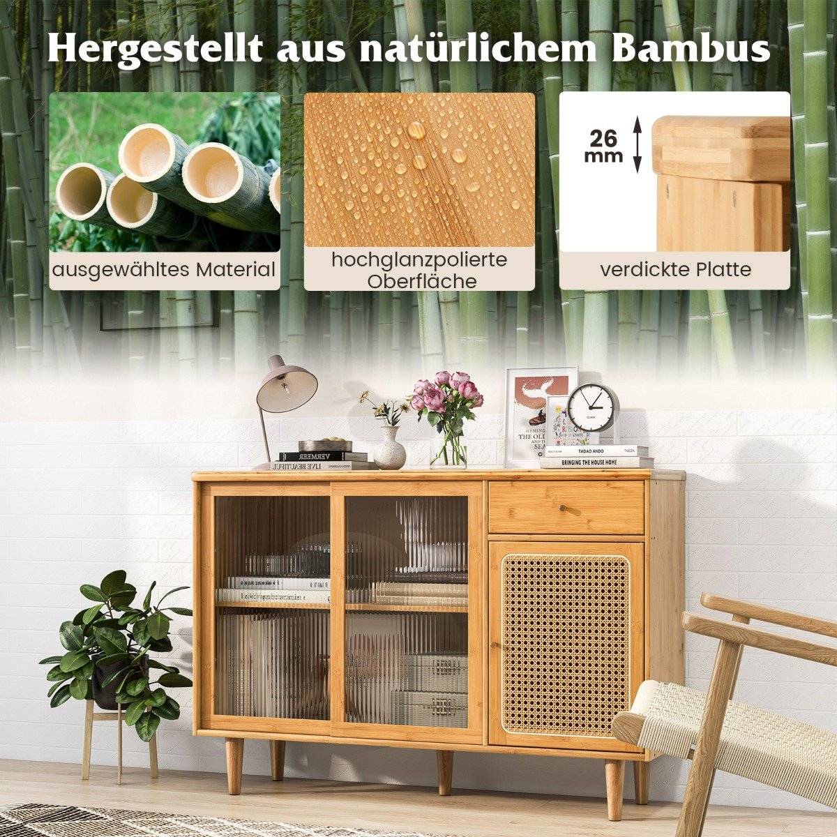 Modern buffet cabinet with sliding doors made of tempered glass rattan boho sideboard