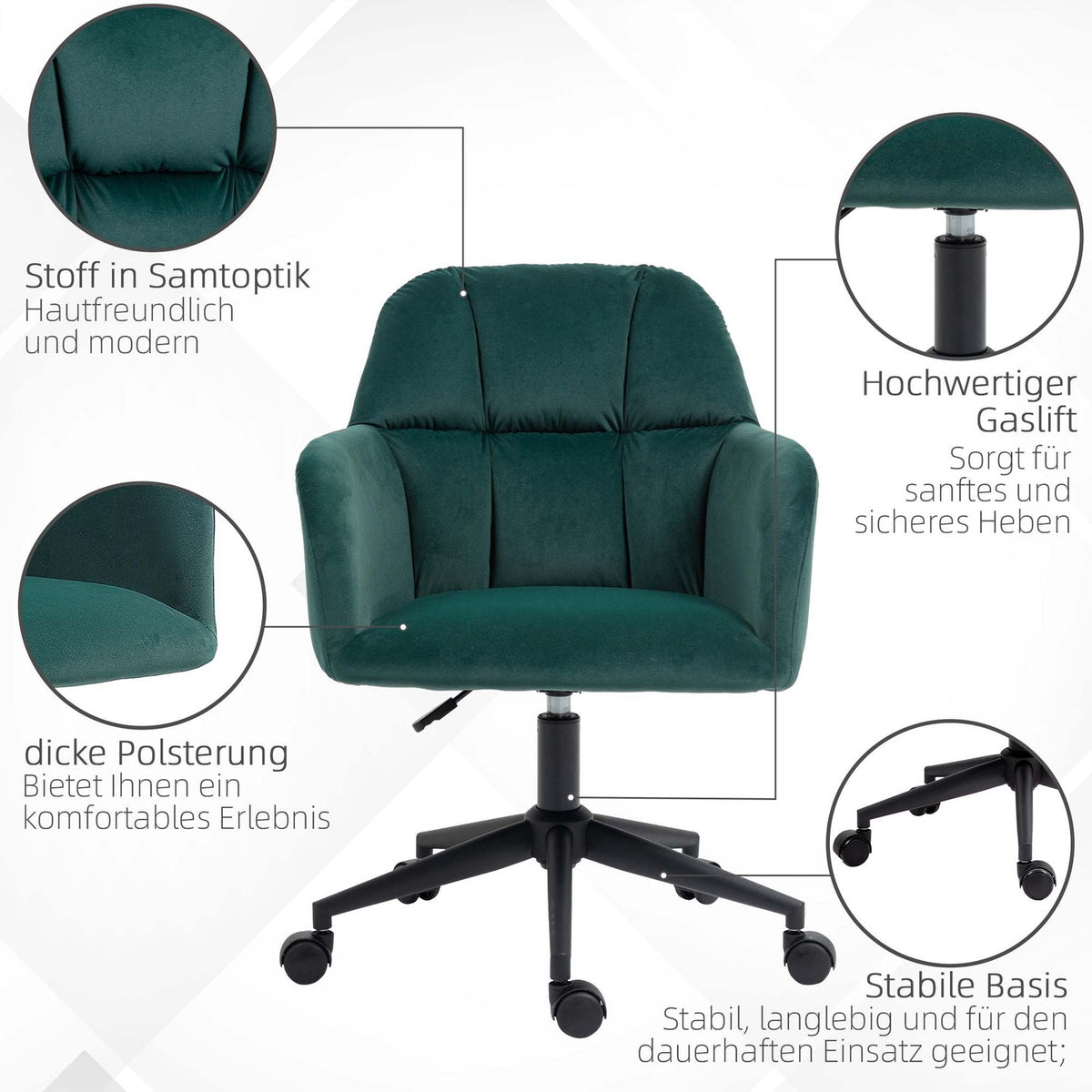 Modern office chair, height-adjustable desk chair, swivel chair living room, with armrest, velvet look, up to 120kg, green