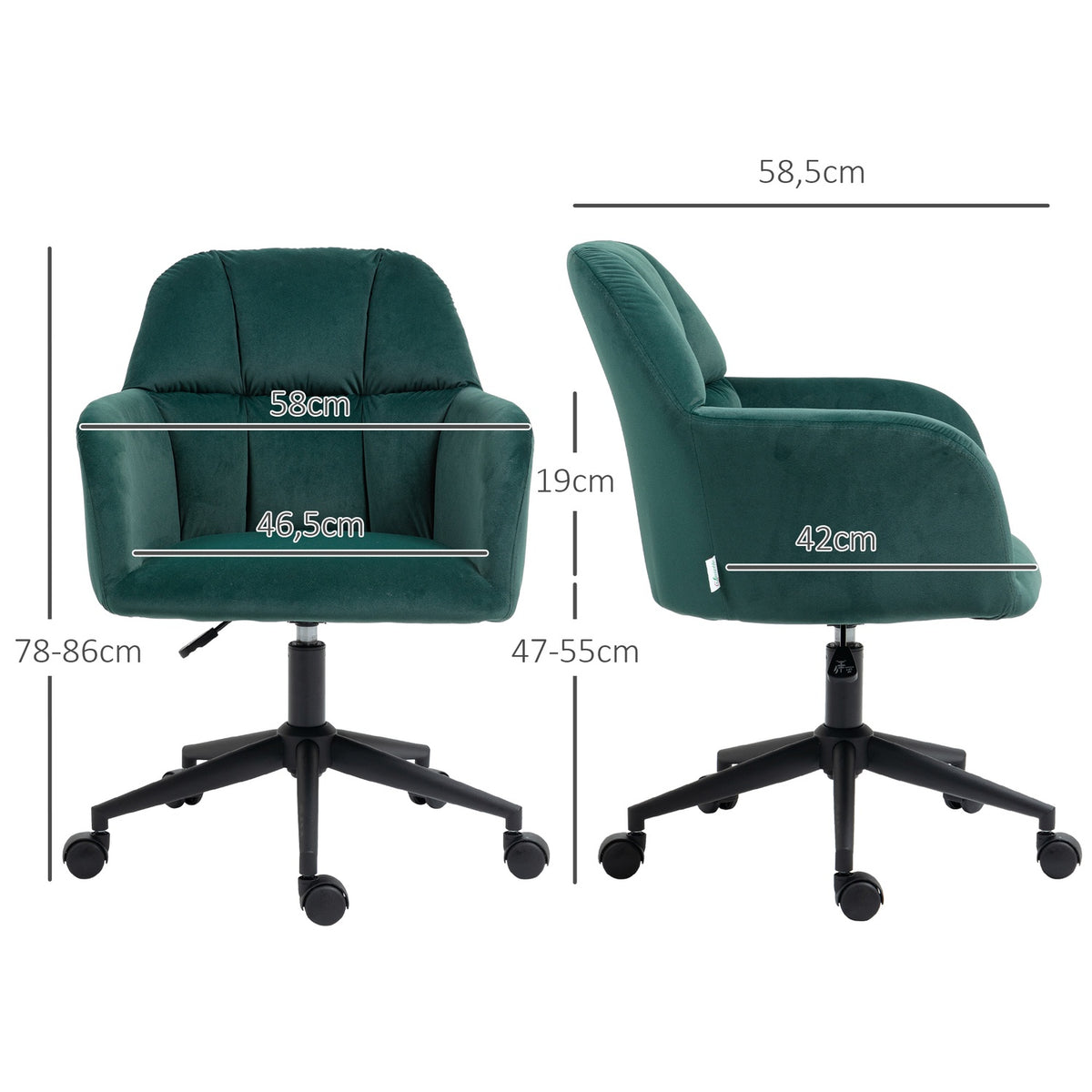 Modern office chair, height-adjustable desk chair, swivel chair living room, with armrest, velvet look, up to 120kg, green