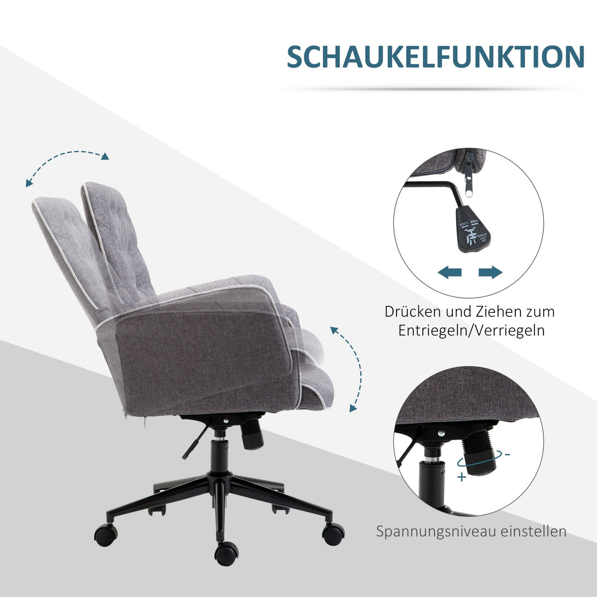 Modern office chair, height-adjustable desk chair, with rocker function, PC chair with linen look, dark gray