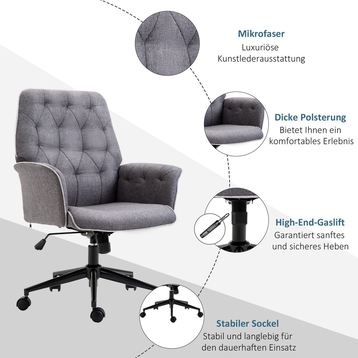 Modern office chair, height-adjustable desk chair, with rocker function, PC chair with linen look, dark gray