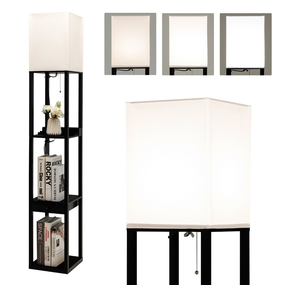 Modern shelf floor lamp Dimmable floor lamp with drawer 26 x 26 x 159.5 cm