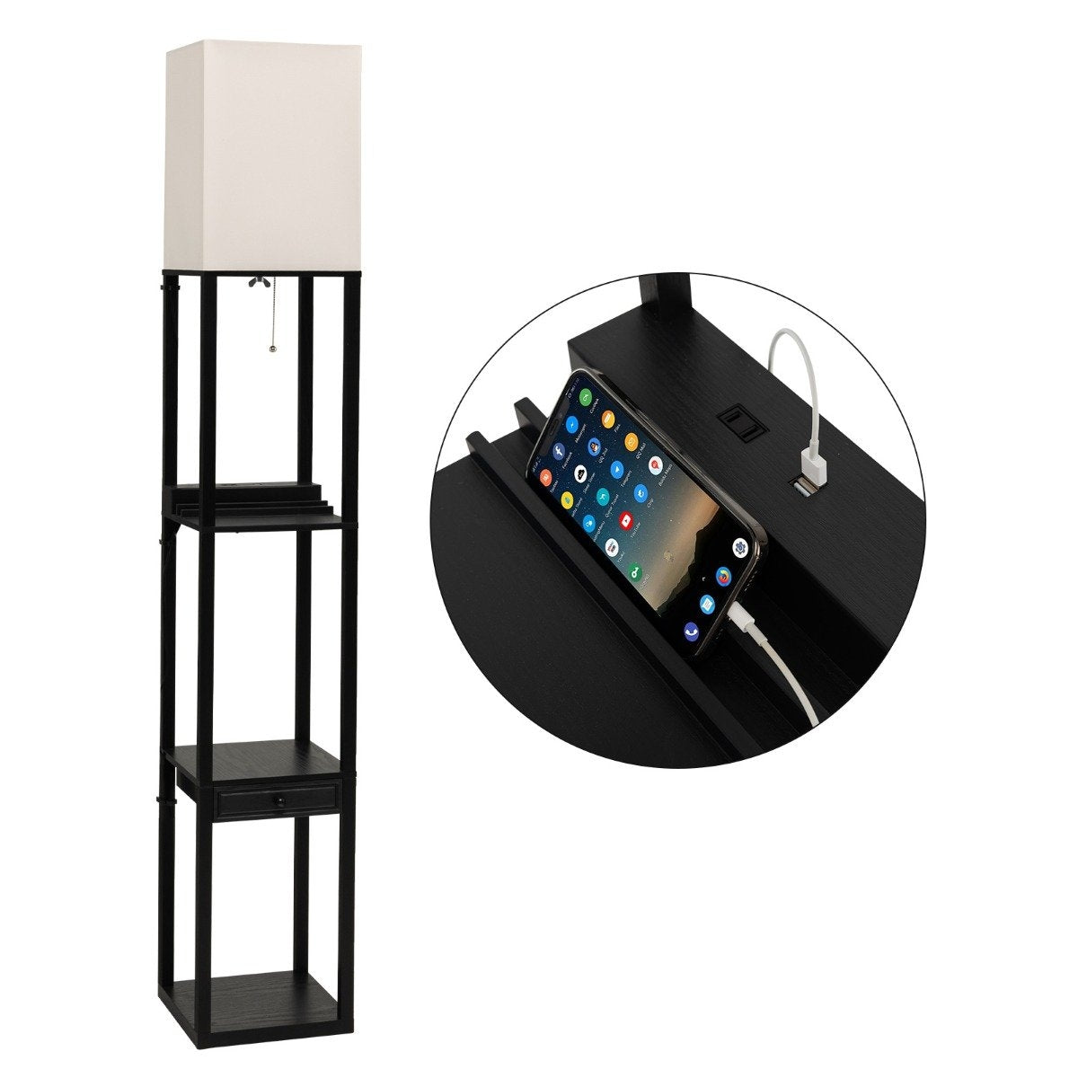 Modern shelf floor lamp Dimmable floor lamp with drawer 26 x 26 x 159.5 cm