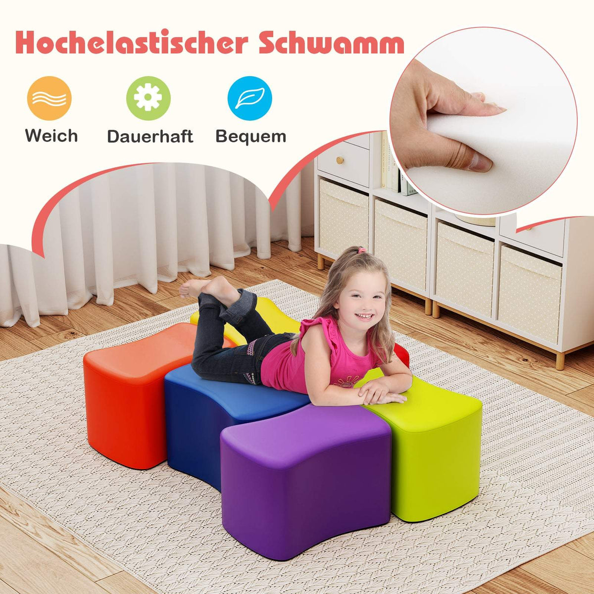 Modular Children's Stools, 6 Colorful Faux Leather Covers