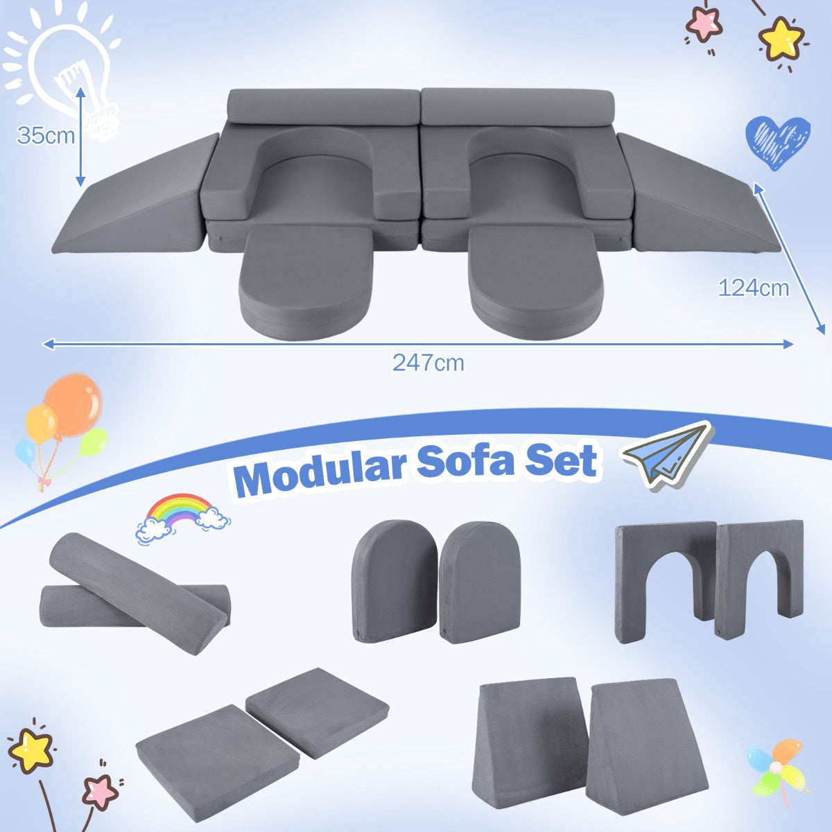 Modular Kids Play Couch, 10-Piece Foam Set, Grey