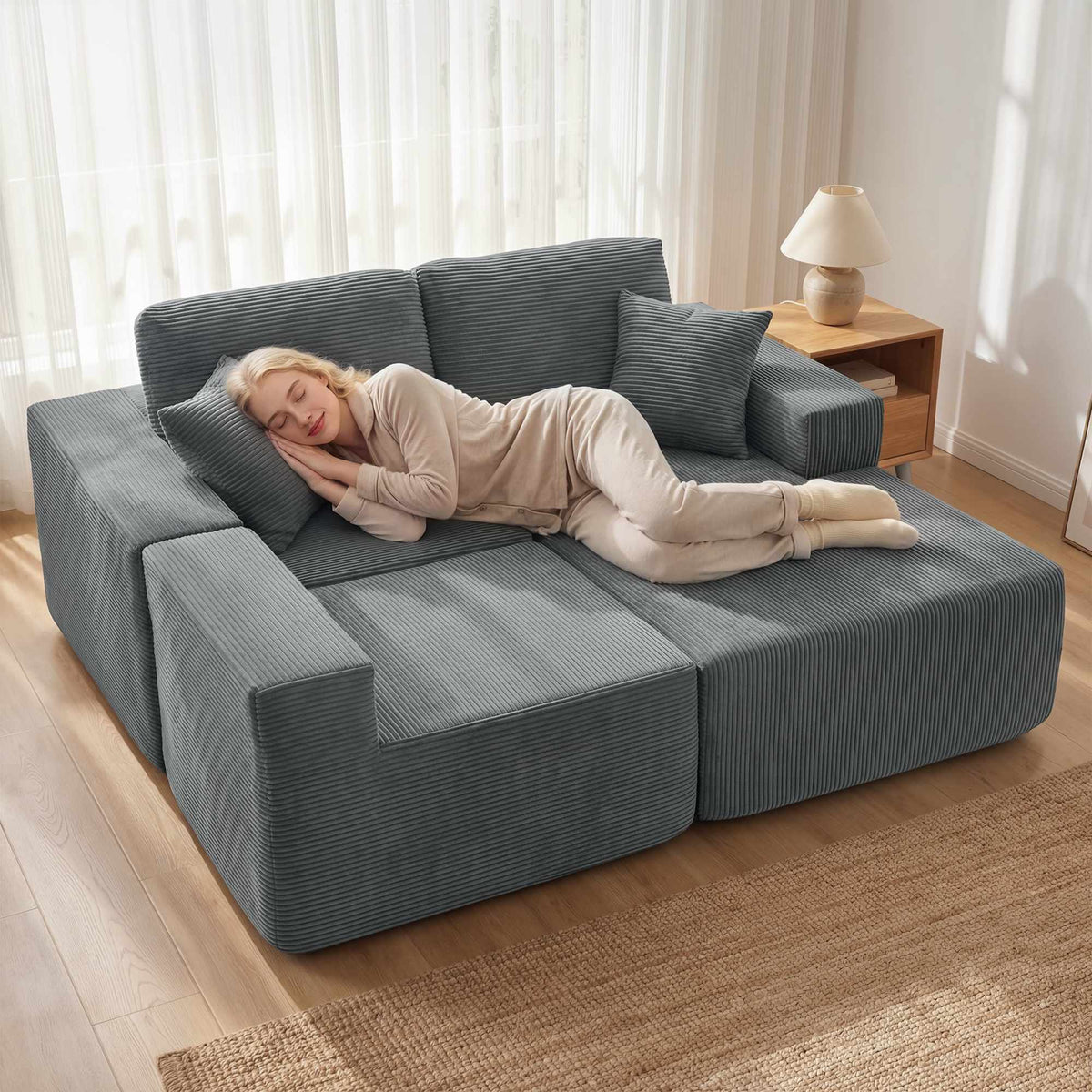 Modular L-Shaped Sofa Bed, Deep Seat, Corduroy, Dark Grey