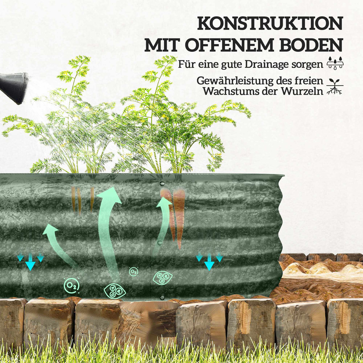 Modular Raised Garden Bed, Metal, Open Base, 150x62x30 cm