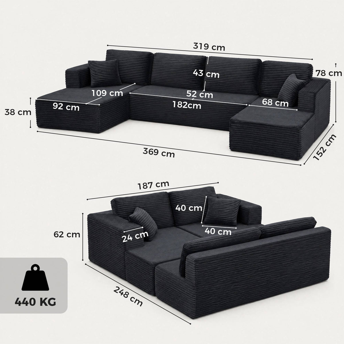 Modular U-Shaped Sofa Bed with Chaise Lounges, Dark Grey Cord