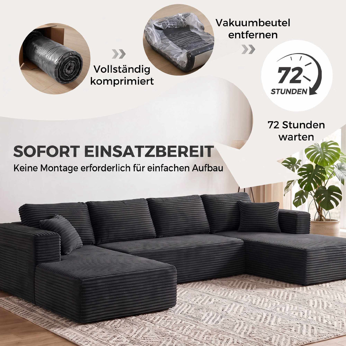 Modular U-Shaped Sofa Bed with Chaise Lounges, Dark Grey Cord
