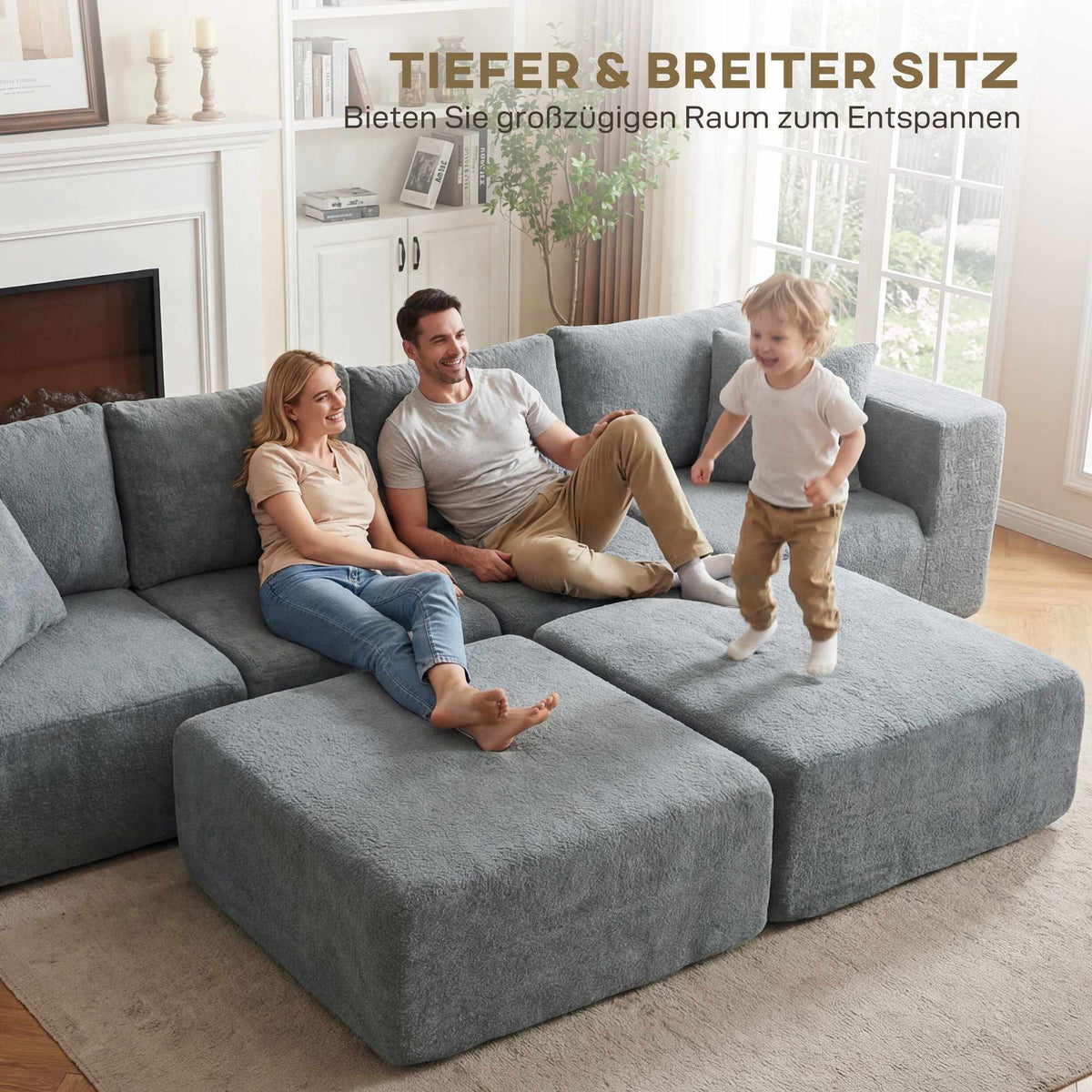 Modular U-Shaped Sofa with Deep Seats, 2 Ottomans, Dark Gray