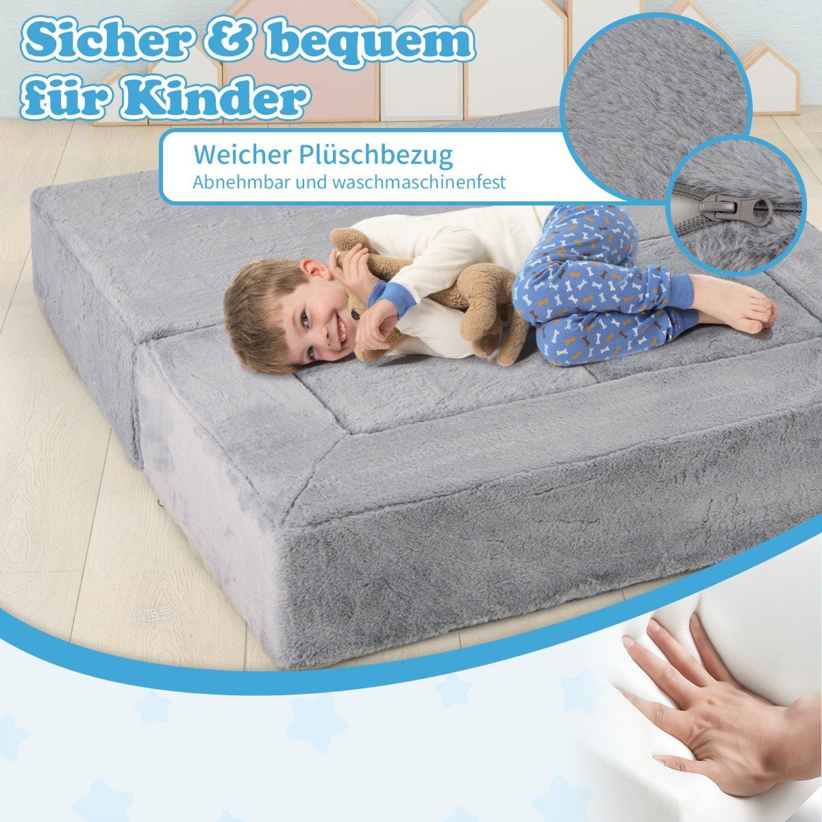 Modular children's sofa play sofa made of foam with removable plush cover gray