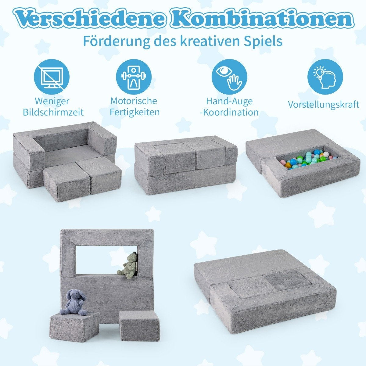 Modular children's sofa play sofa made of foam with removable plush cover gray