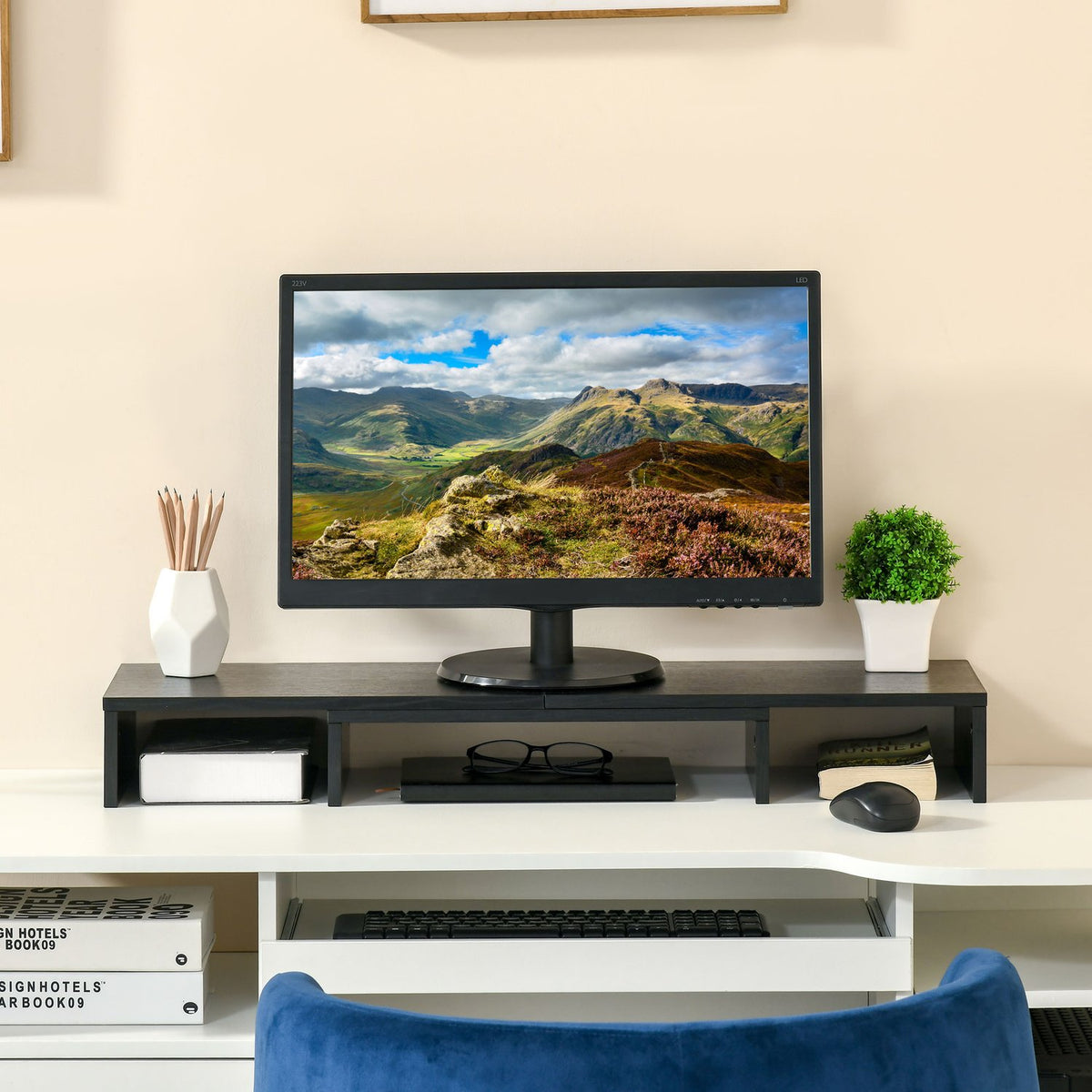 Monitor Stand Length & Angle Adjustable, Double Screen Stand, Wooden Shelf, 80-117X23.5X10Cm