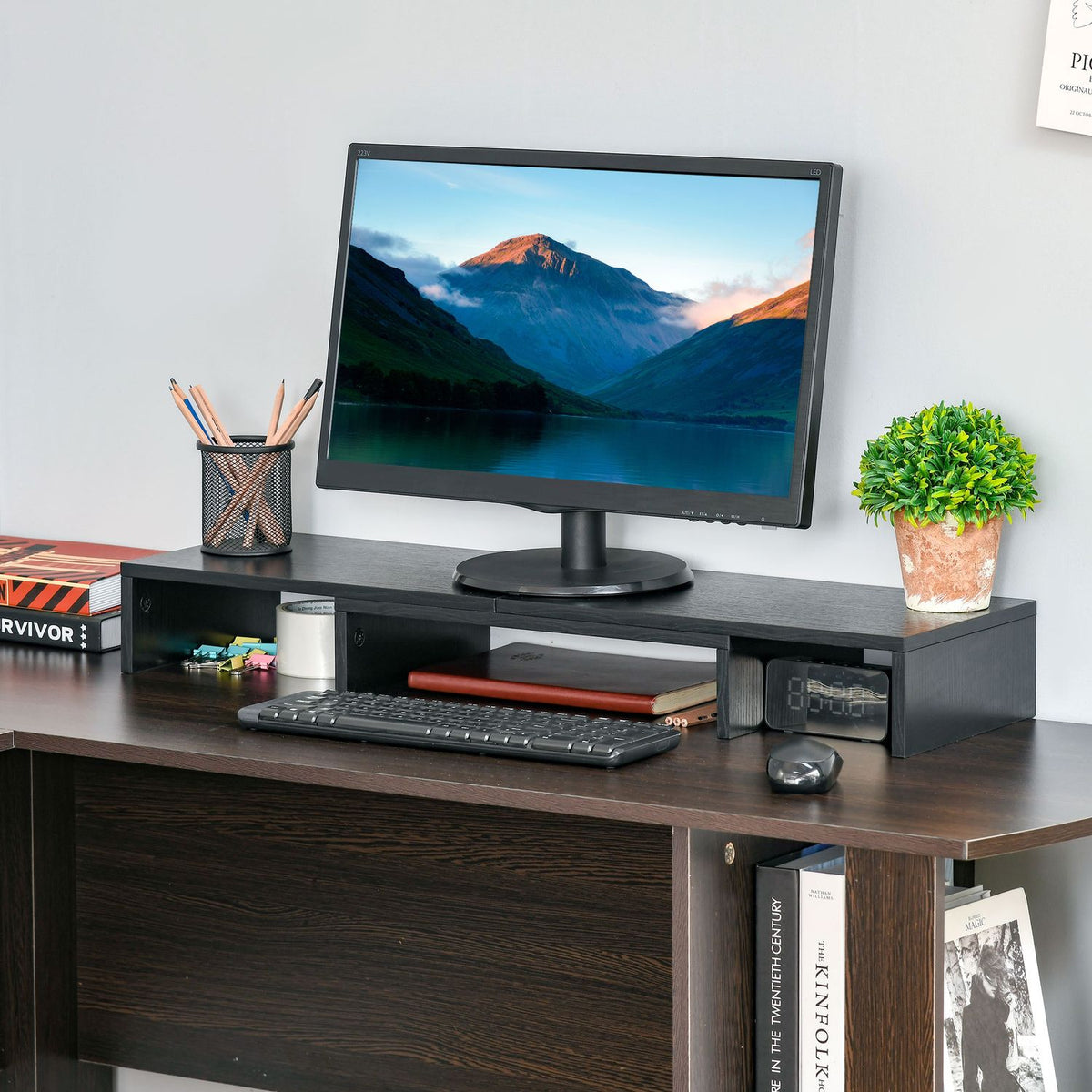 Monitor Stand Length & Angle Adjustable, Double Screen Stand, Wooden Shelf, 80-117X23.5X10Cm