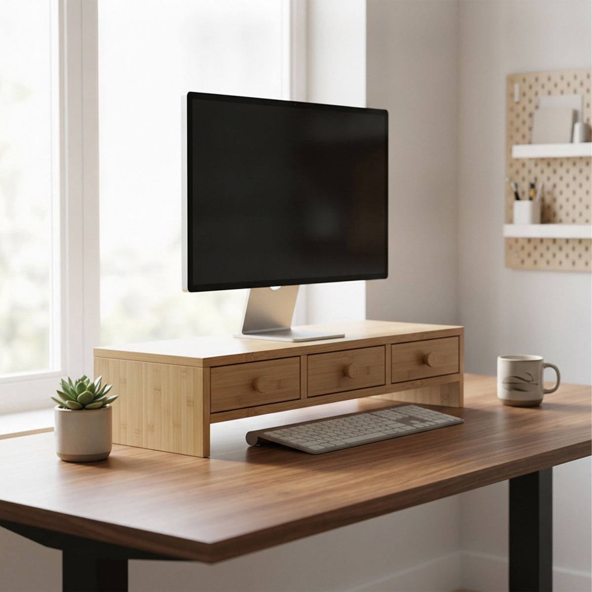 Monitor Stand with 3 Drawers, Wood Look, MDF