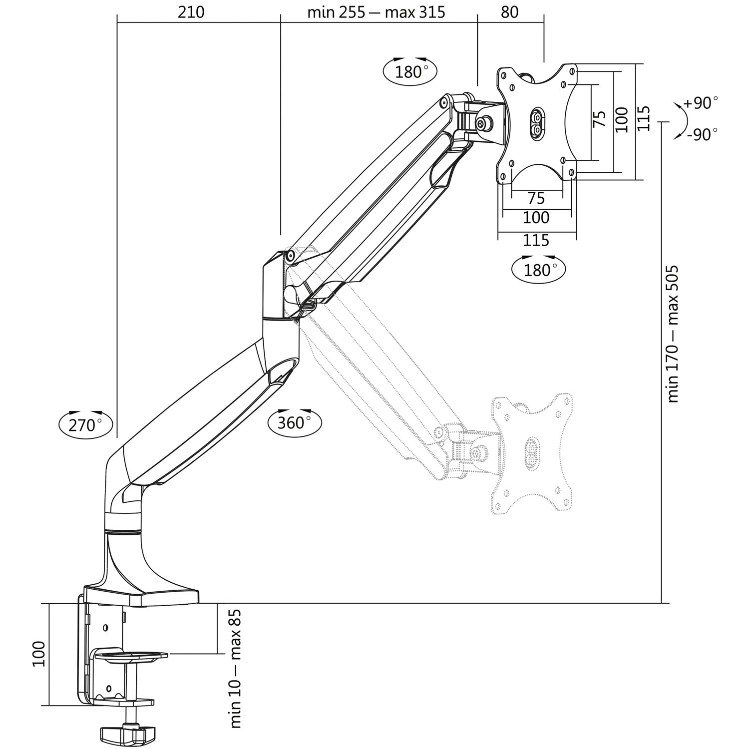 Monitor arm 13-32" gas Alu