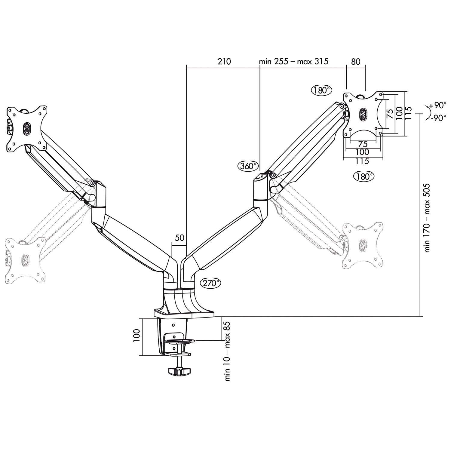 Monitor arm double 13-32" gas A