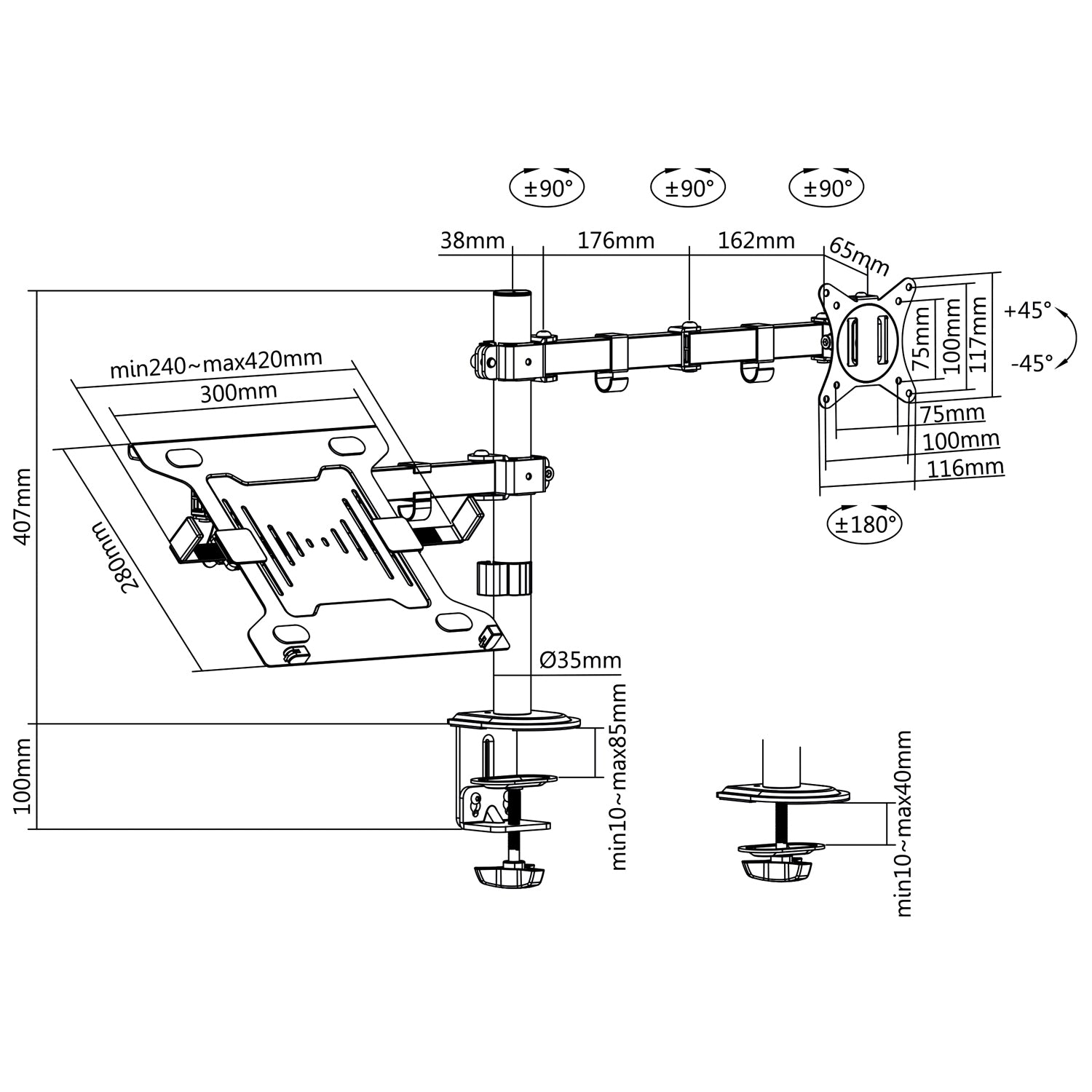 Monitor mount 17-32" with holder for laptop/tablet 10-15.6"