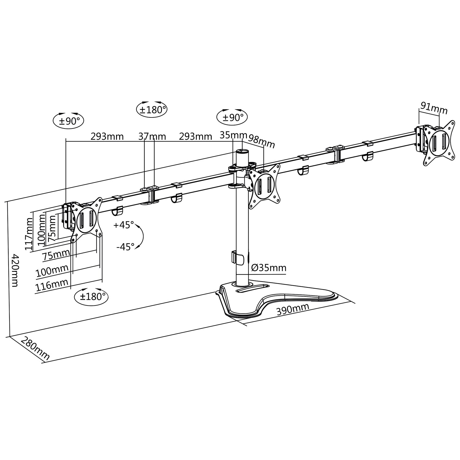 Monitor stand/foot triple 17-27" 2x658mm