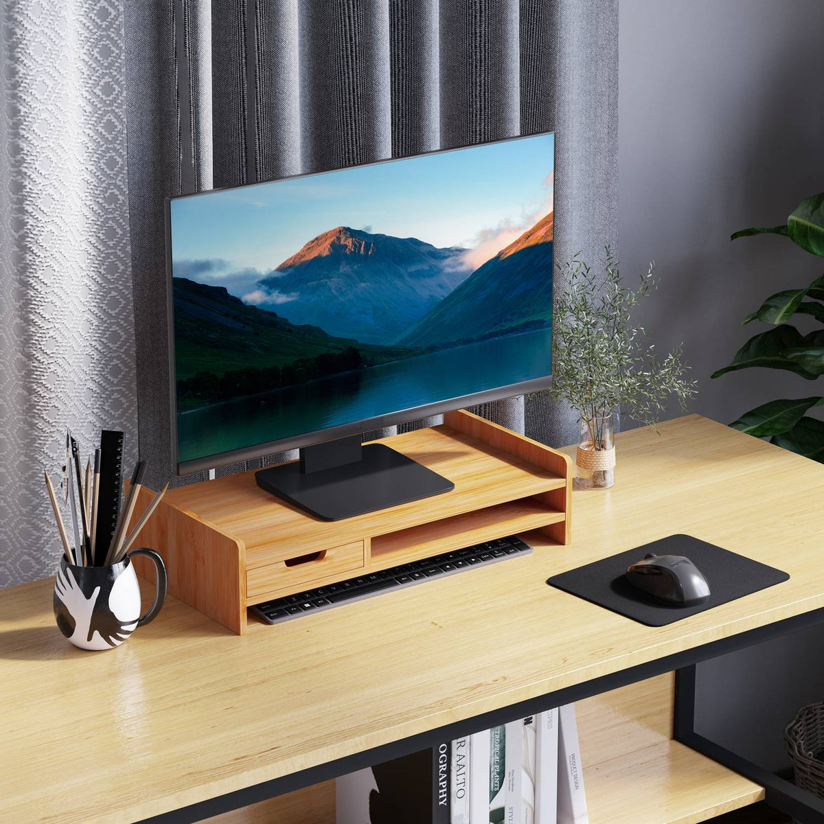 Monitor stand screen stand desk organizer, with drawers, natural, L49xW25.5xH11.5cm