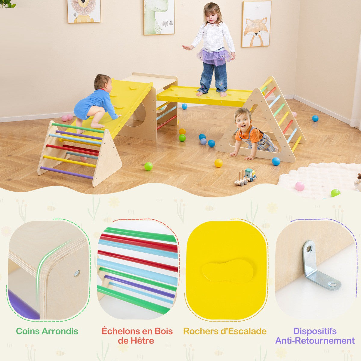 Montessori 5-In-1 Wooden Climbing Set With Slide, 60 kg