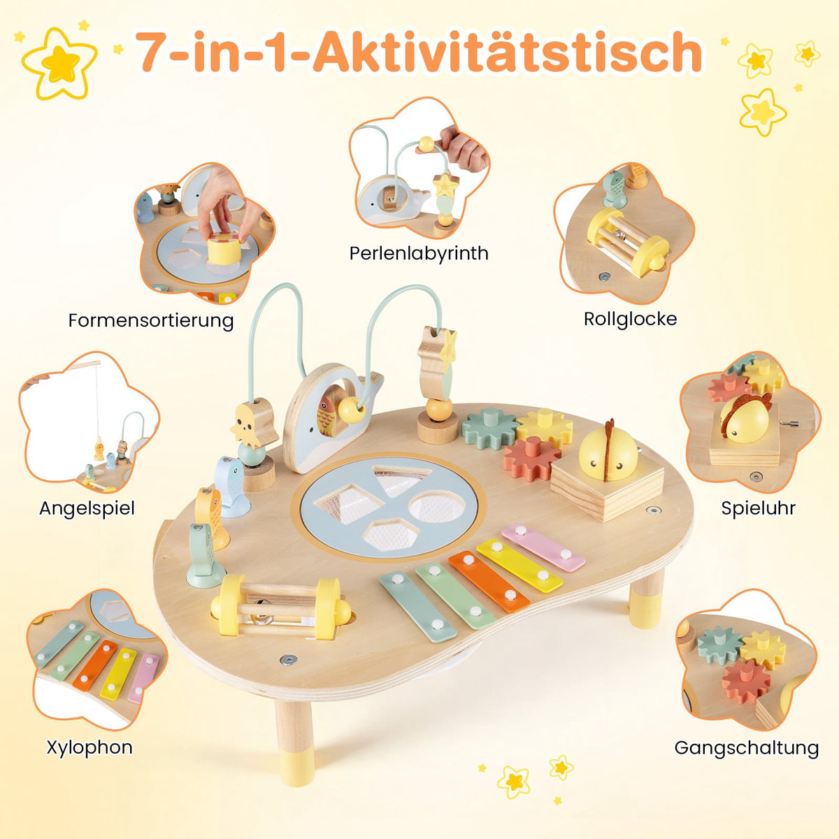 Montessori Activity Table for Toddlers, 7-in-1 Wooden Toy