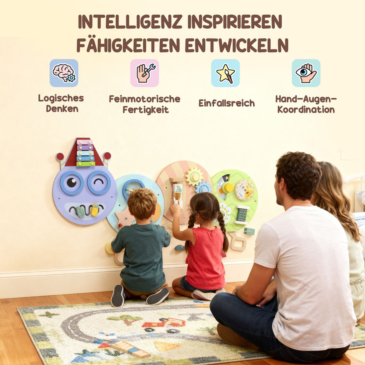 Montessori Busy Board – 7-in-1 Wall Toy, Xylophone, Gears, 108 cm