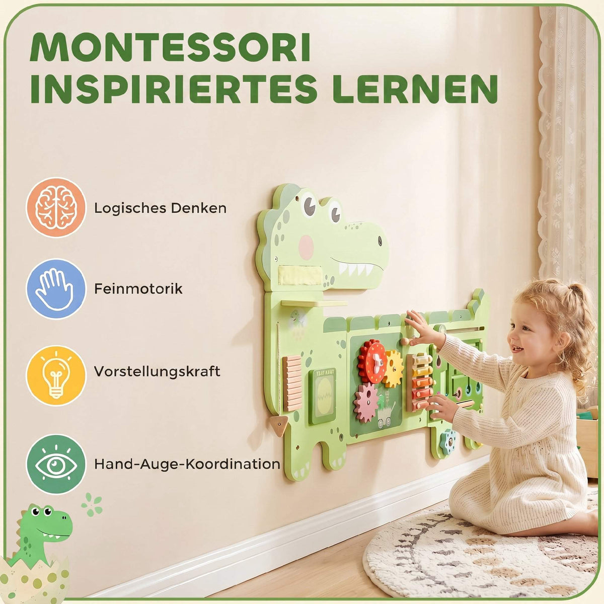 Montessori Dinosaur Busy Board with Xylophone and Gears
