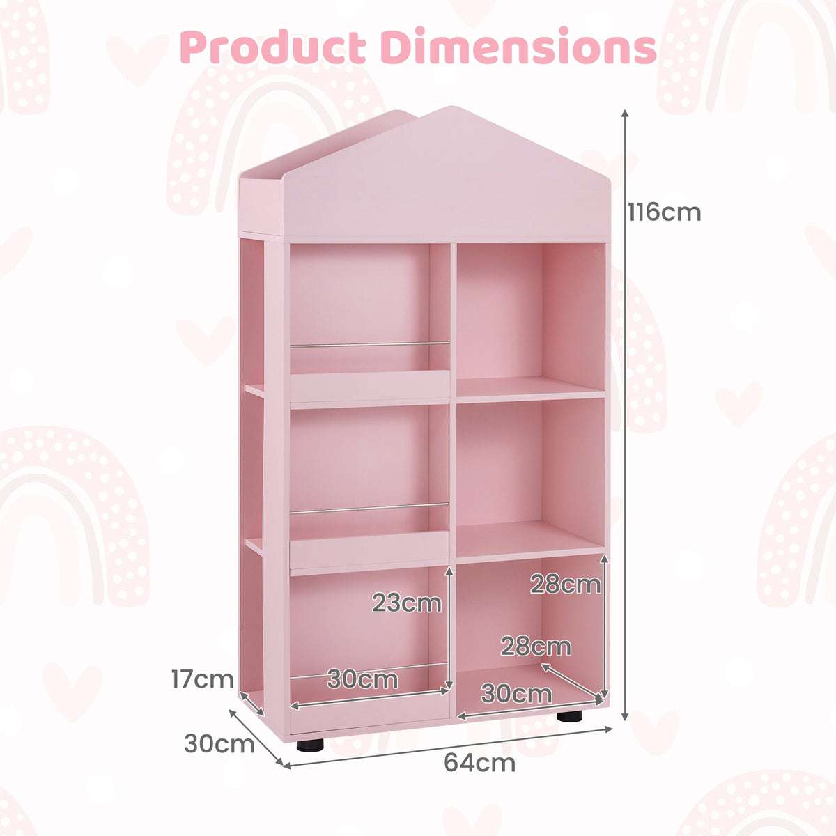 Montessori Wooden Bookshelf & Toy Storage, Pink, 116cm