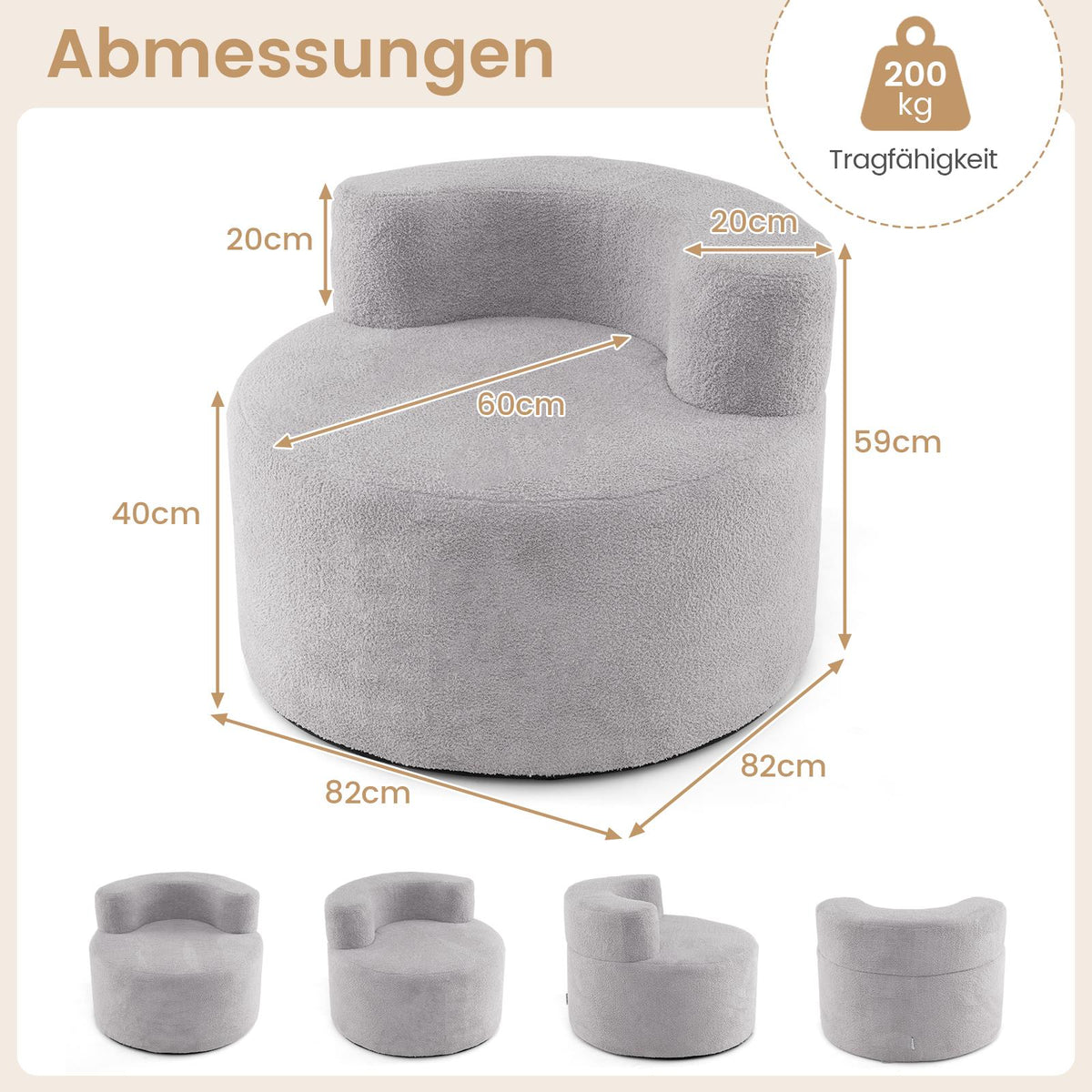 Moon-Shaped Bean Bag Chair with Soft Teddy Fleece, Gray