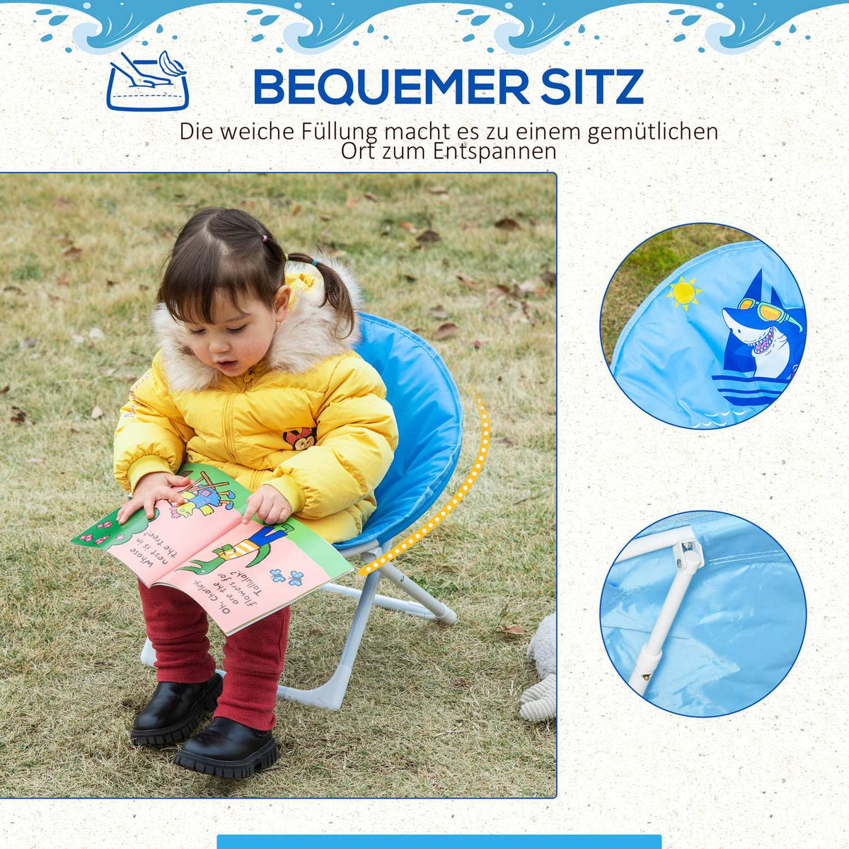 Moonchair Camping Chairs Children'S Moon Chair Foldable Children'S Folding Chair Indoor & Outdoor For Toddler Girls Boys Steel Blue Ø50 X 49H Cm
