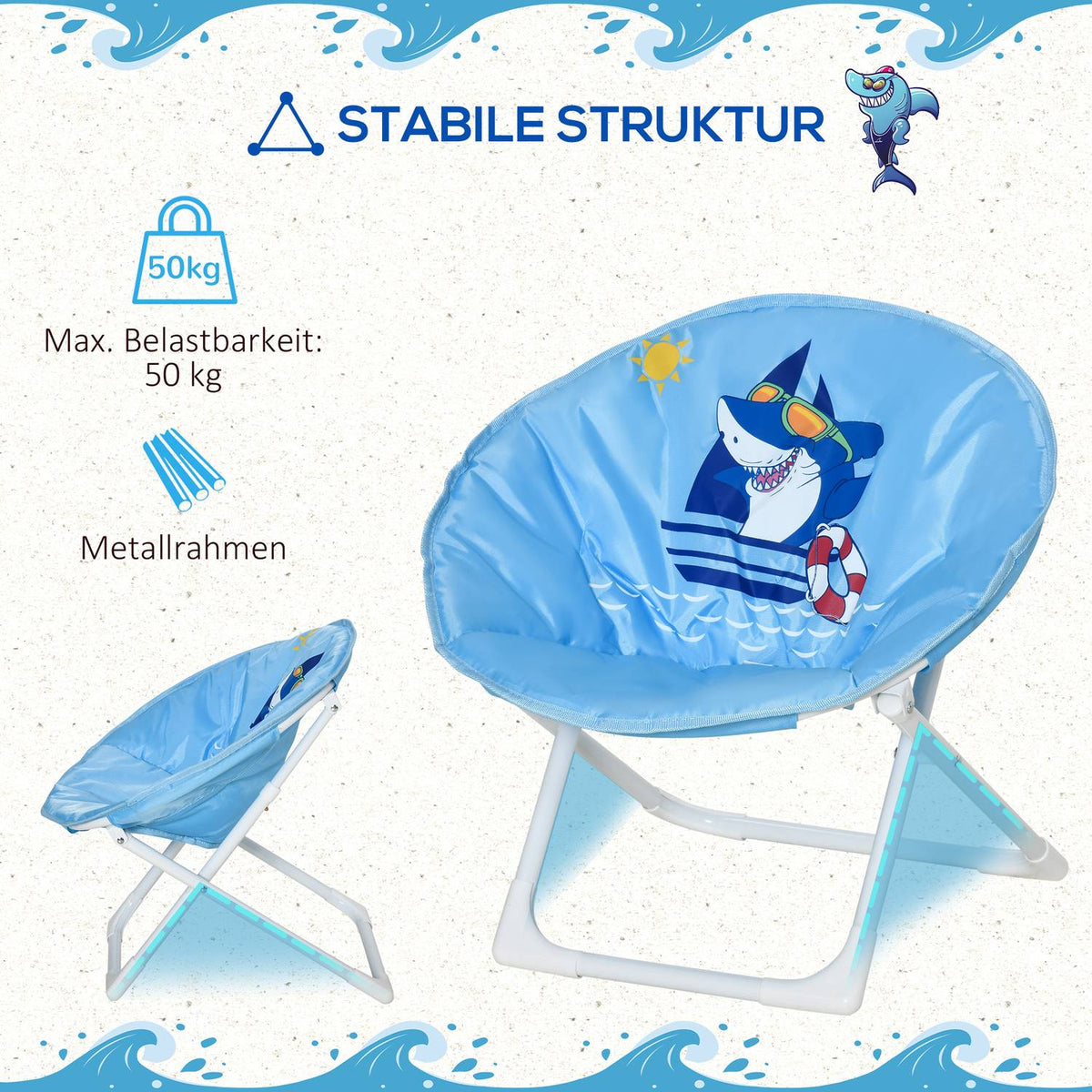 Moonchair Camping Chairs Children'S Moon Chair Foldable Children'S Folding Chair Indoor & Outdoor For Toddler Girls Boys Steel Blue Ø50 X 49H Cm
