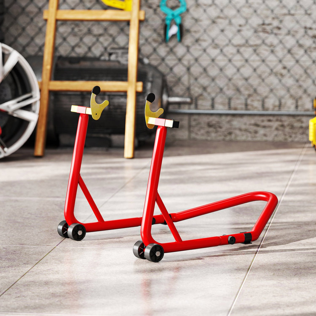 Motorcycle Stand Front/Rear, 544 kg Capacity, Steel, Red