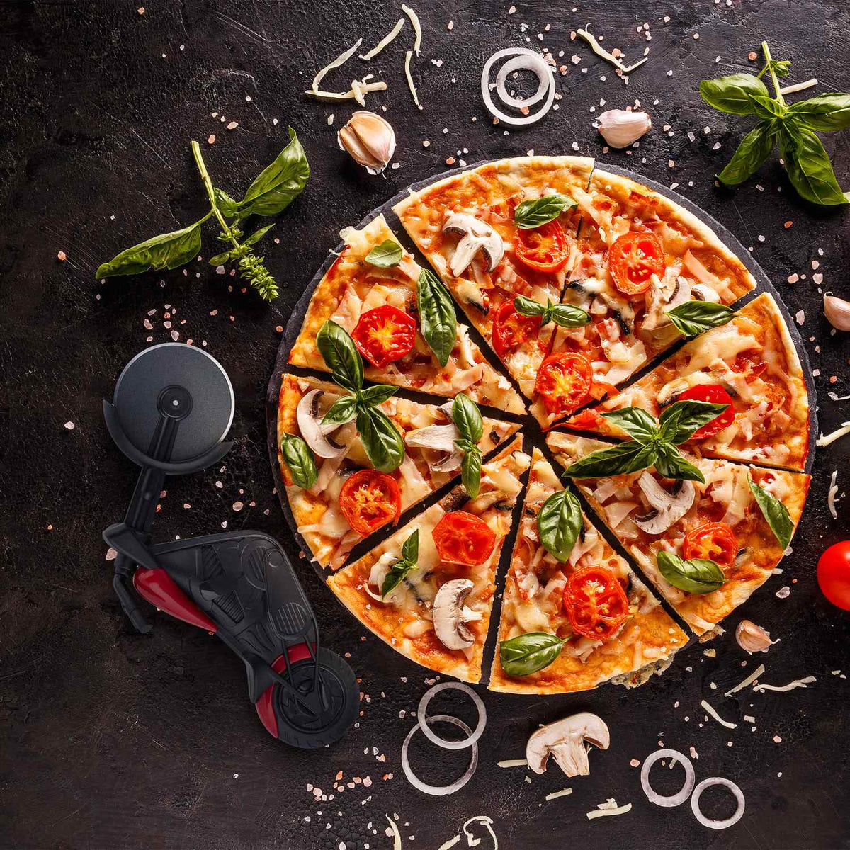 Motorcycle with pizza cutter
