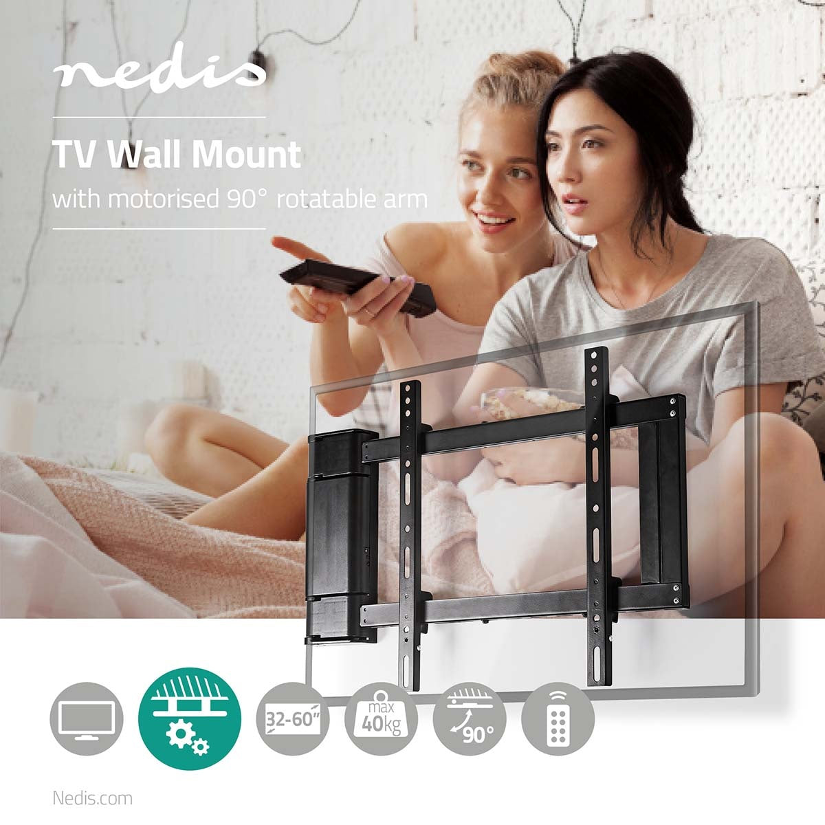 Motorised TV Wall Mount | 32 - 60 " | Maximum supported screen weight: 40 kg | Rotatable | Minimum wall distance: 47 mm | Maximum wall distance: 990 mm | Remote controlled | Steel | Black