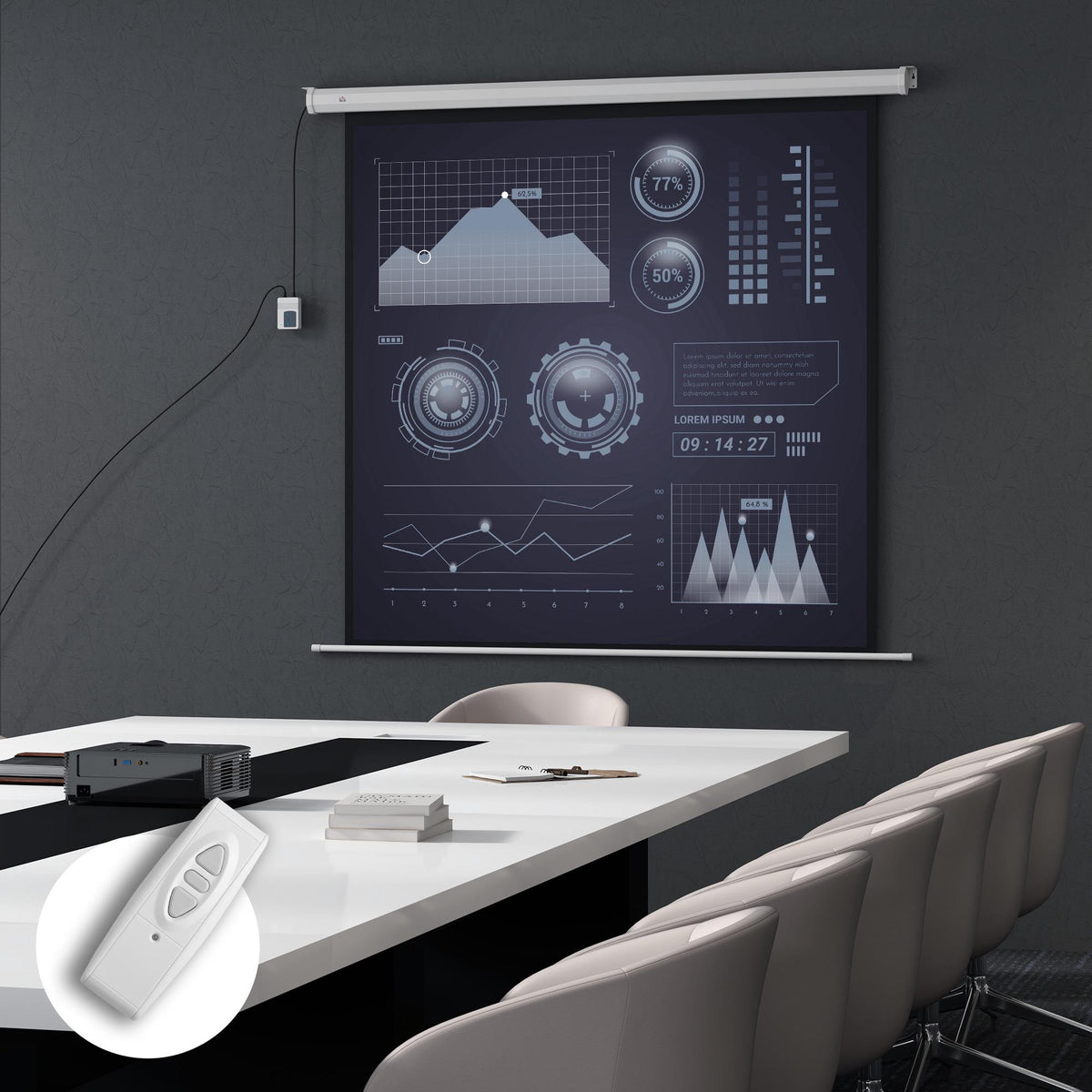 Motorized Projector Screen, 92 Inch 1:1, 4K, Remote