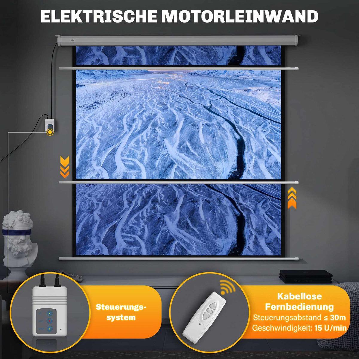 Motorized Projector Screen, 92 Inch 1:1, 4K, Remote