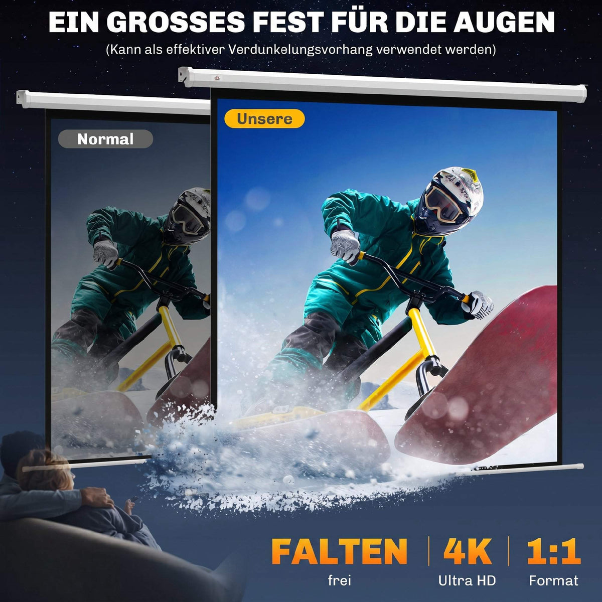 Motorized Projector Screen, 92 Inch 1:1, 4K, Remote