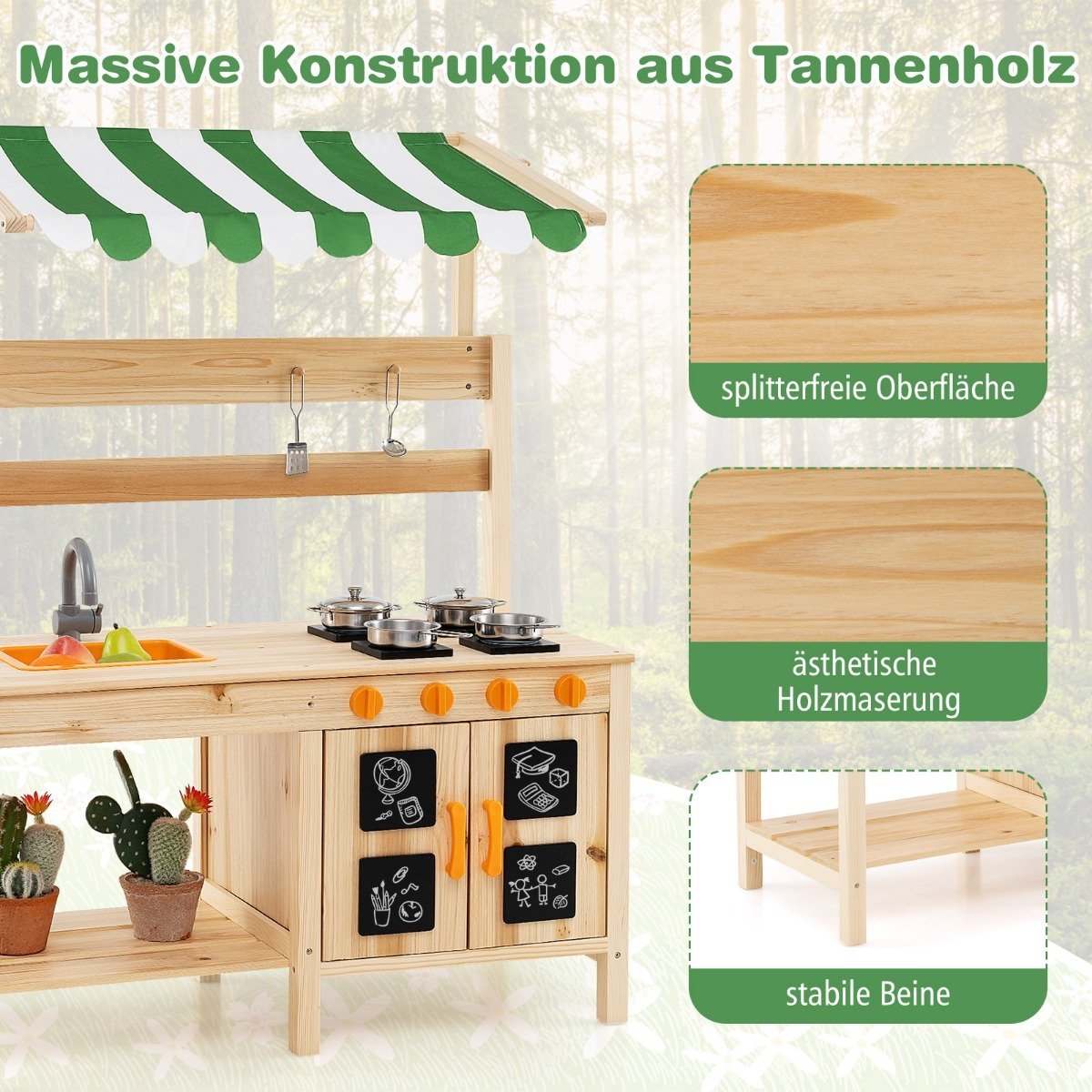 Mud kitchen children's outdoor children's kitchen fir wood with roof 88 x 39 x 117 cm natural