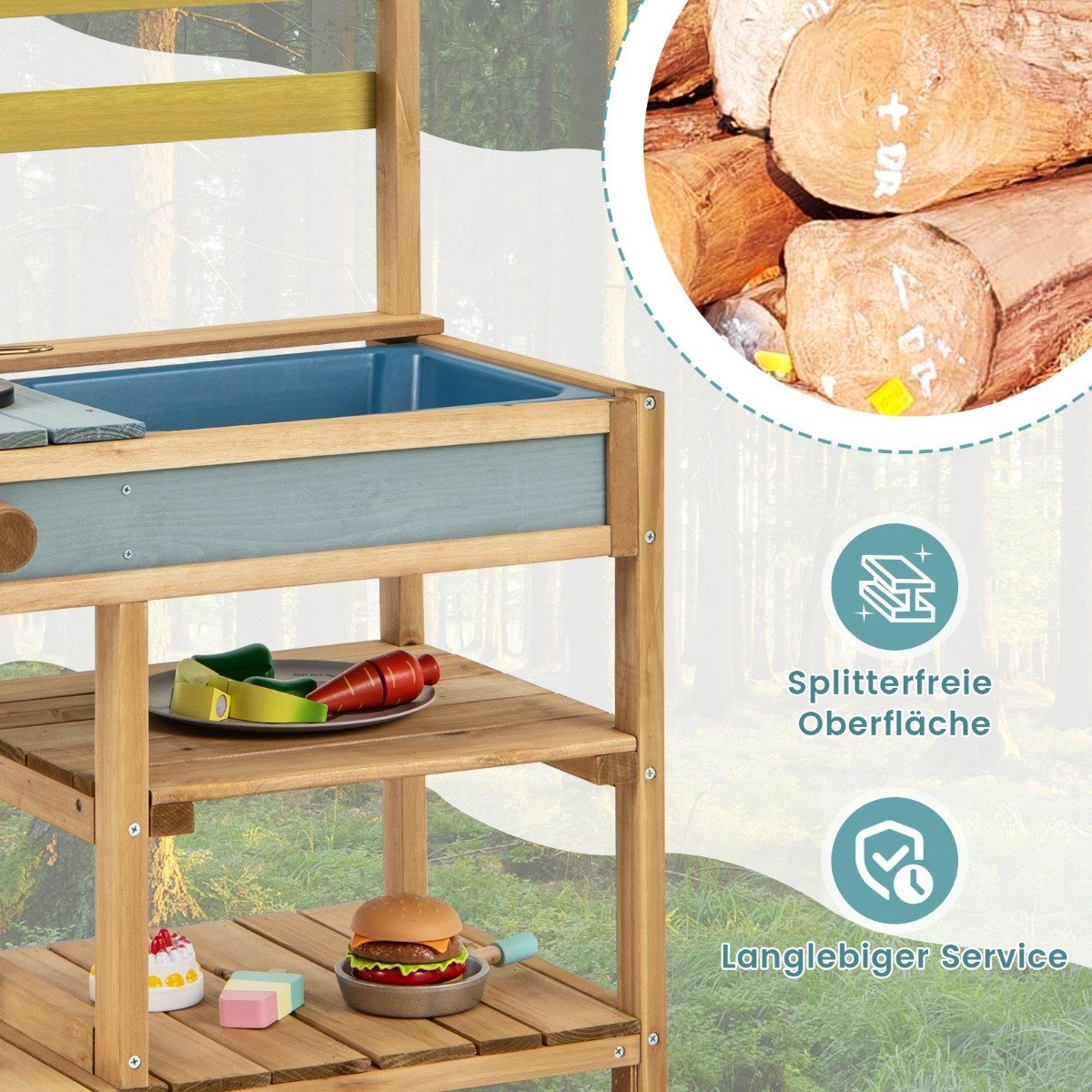 Mud kitchen children's play kitchen made of spruce wood with stove knobs & Natural sink