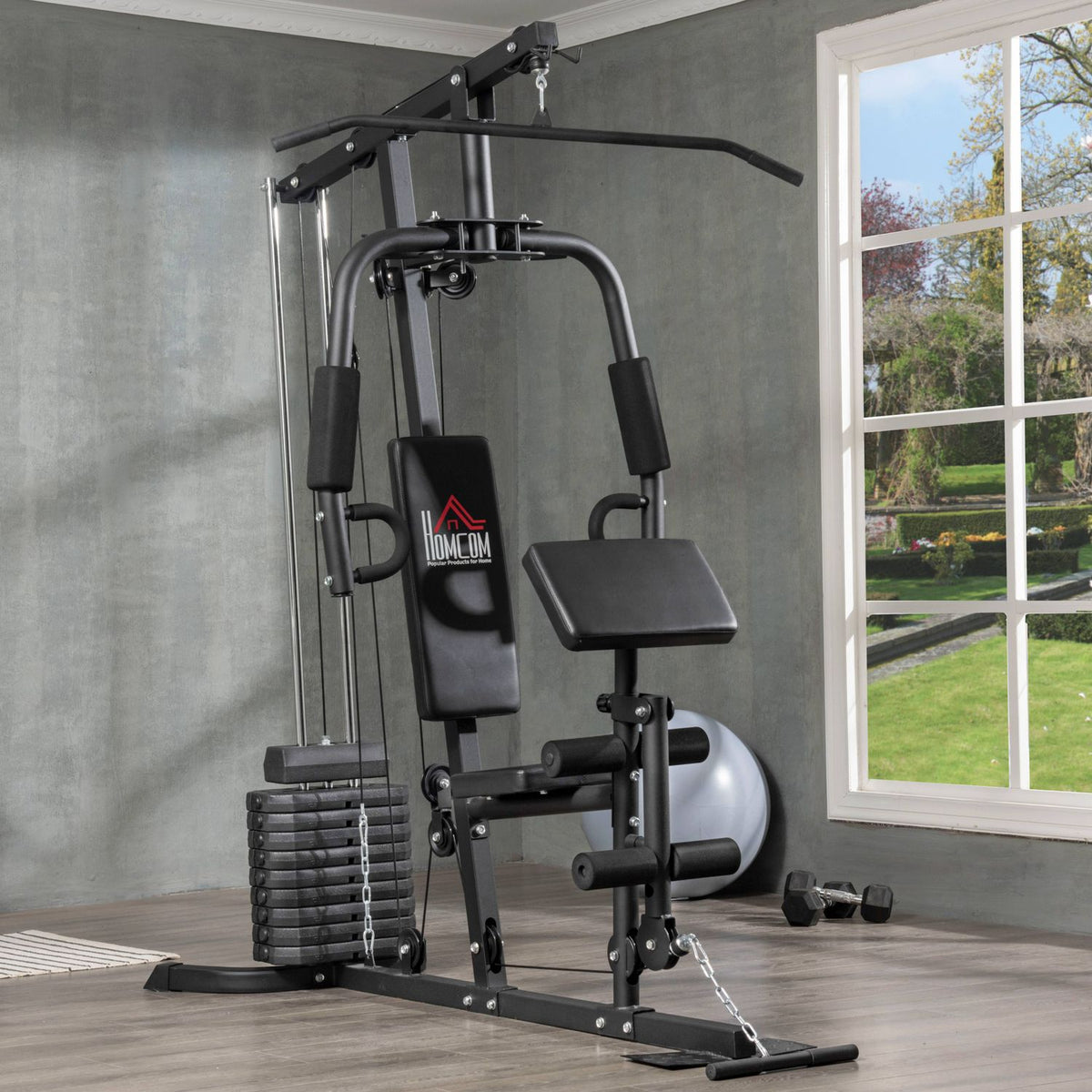 Multi-Gym Fitness Station With Lat Pull-Down And Butterfly Bar And 45 Kg Weights Strength Training Steel Faux Leather Black 180 X 108 X 200Cm