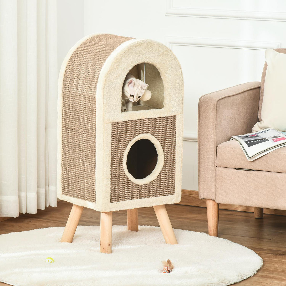 Multi-Storey Cat Cave Scratching Board Play Balls Cat Bed Scratching Mat Chipboard Plush Sisal Coffee