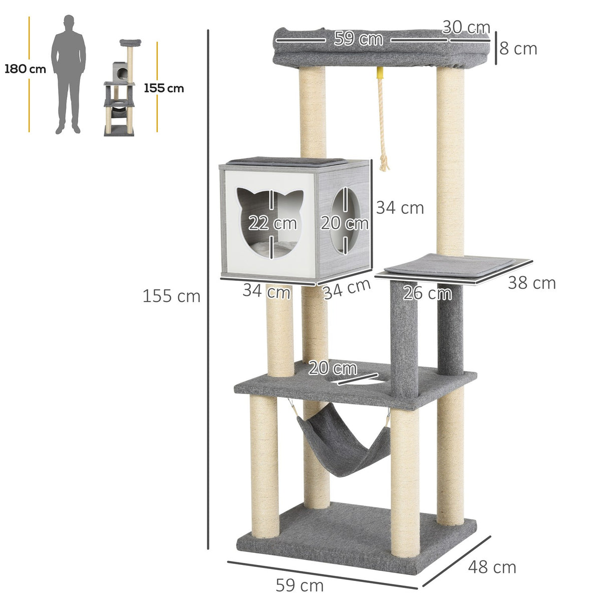 Multi-Tier Cat Scratching Post Climbing Tree, Multi-Activity Center, Hammock, Soft Cushion, E1, 59X48X155Cm