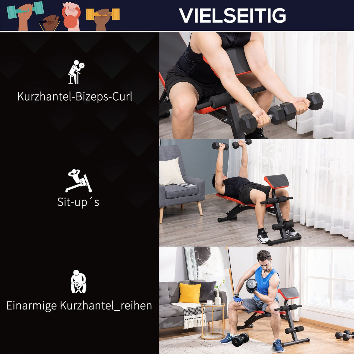 Multifunctional Weight Bench, Height Adjustable, Weight Up To 120 Kg, 6-Level Back Length Angle, Metal & Artificial Leather, For Training