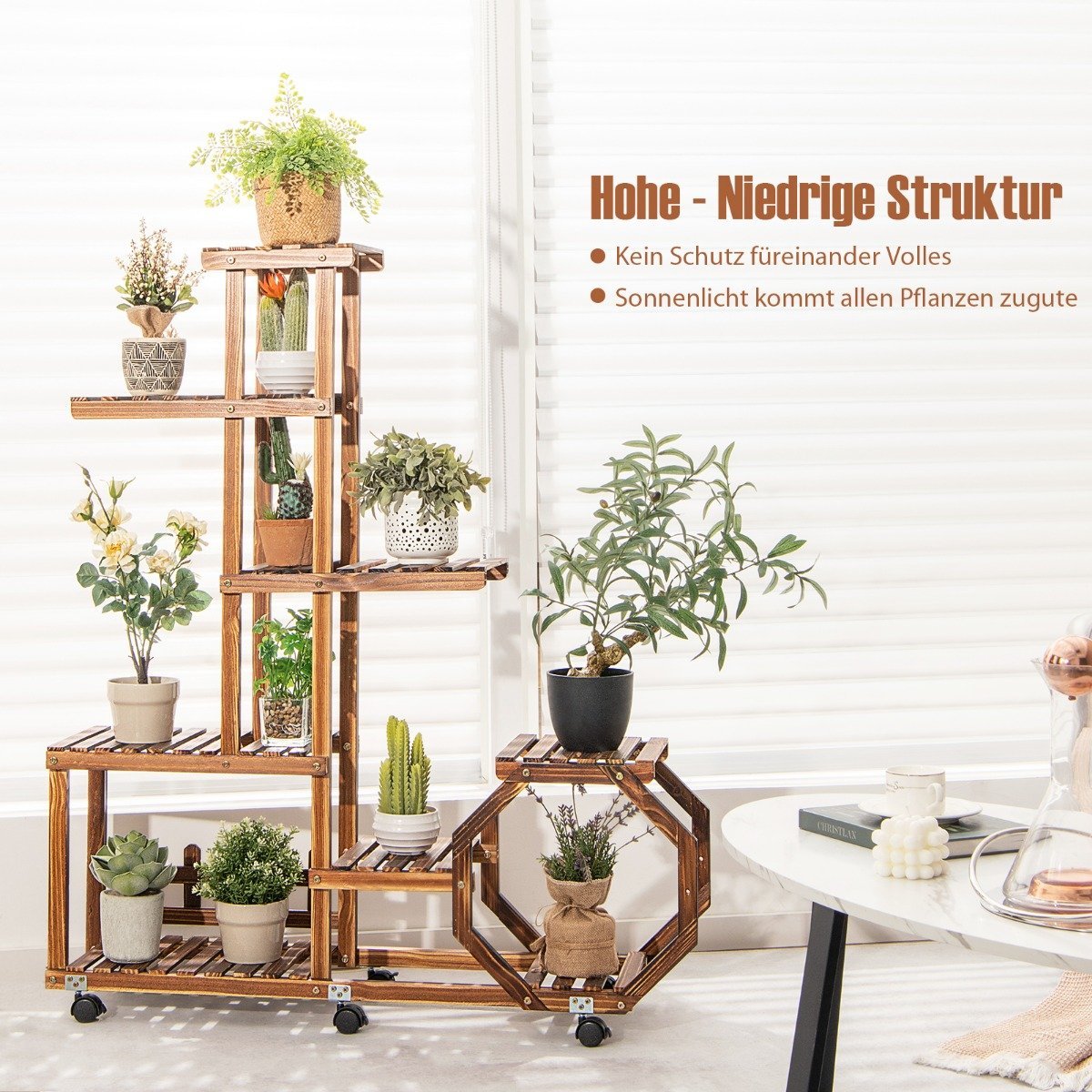 Multilayer Wooden Plant Stand Movable Flower Shelf 107 x 29 x 74 cm Natural