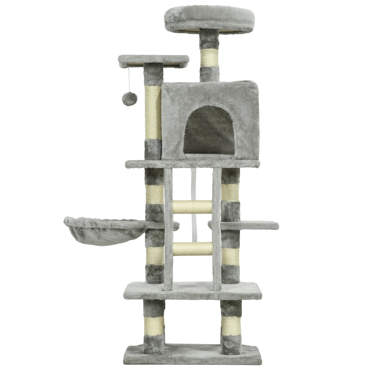 Multi-tiered scratching post, cat tree with cat cave, hammock, basket, climbing tree, up to 4.5 kg, sisal, gray
