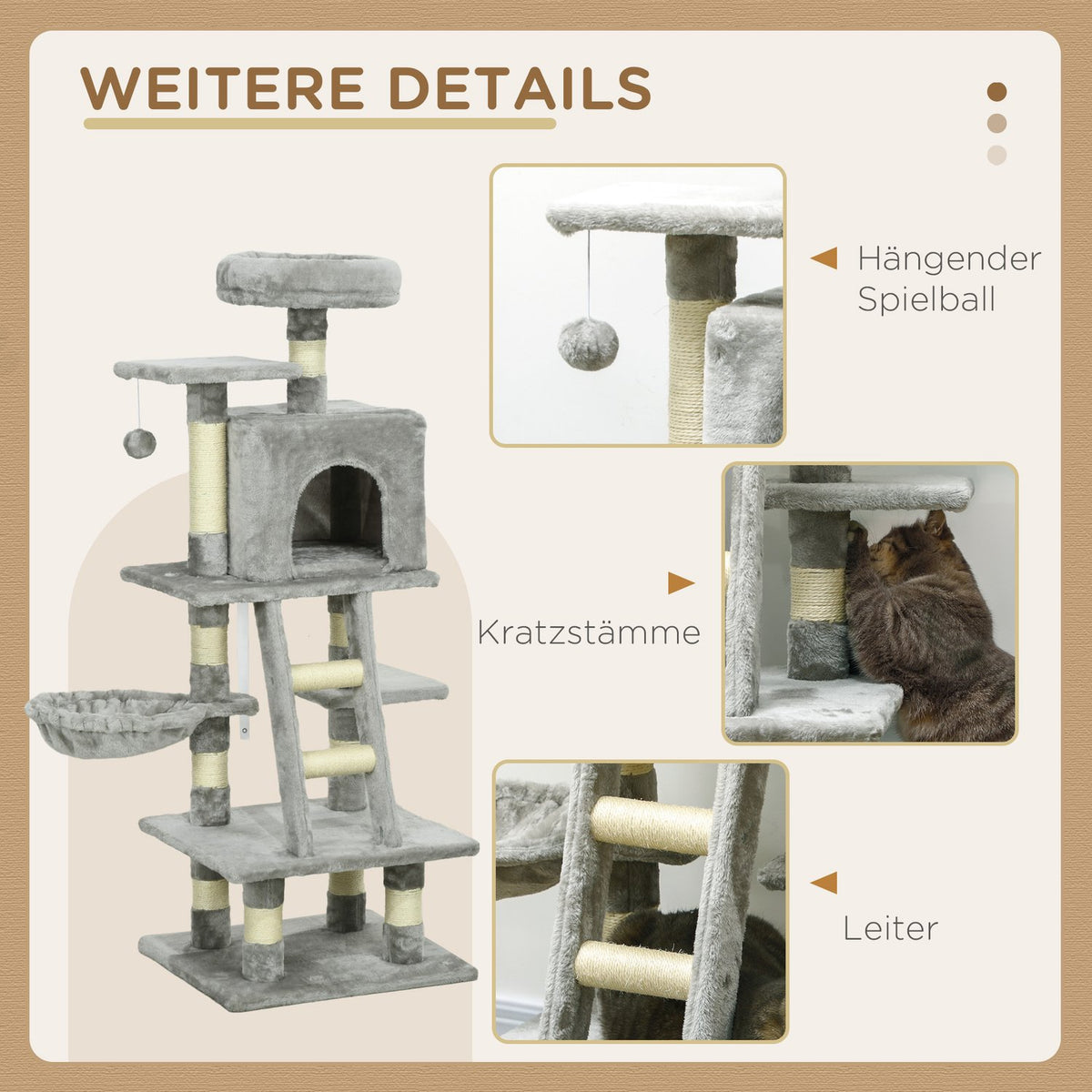 Multi-tiered scratching post, cat tree with cat cave, hammock, basket, climbing tree, up to 4.5 kg, sisal, gray