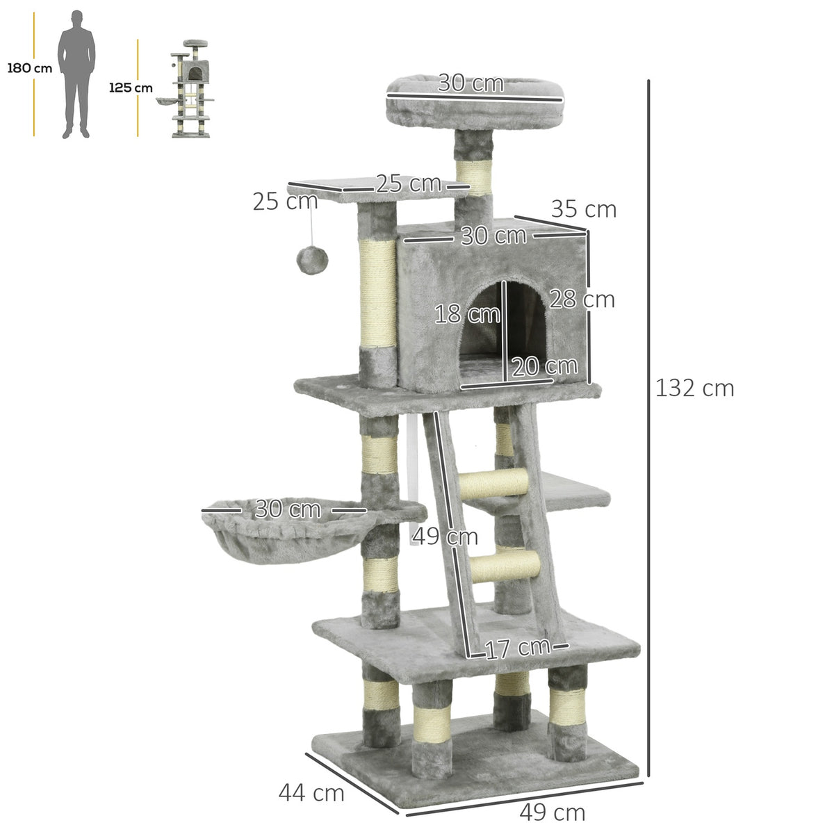 Multi-tiered scratching post, cat tree with cat cave, hammock, basket, climbing tree, up to 4.5 kg, sisal, gray