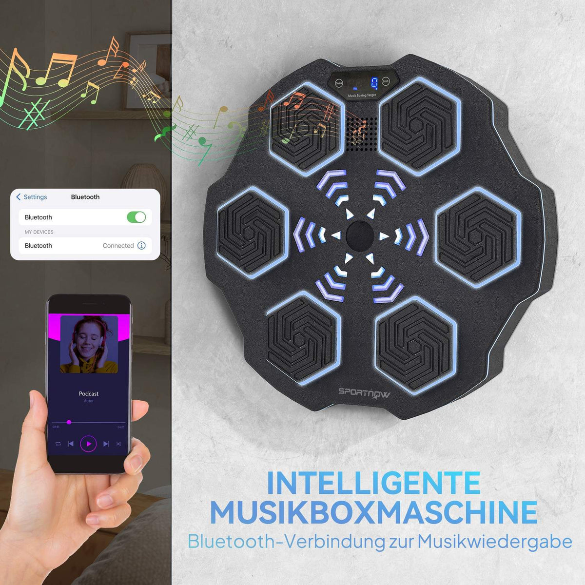 Music Box Machine, Bluetooth Speaker, Wall Mountable, 9 Speeds and Modes, LED Lights, Black