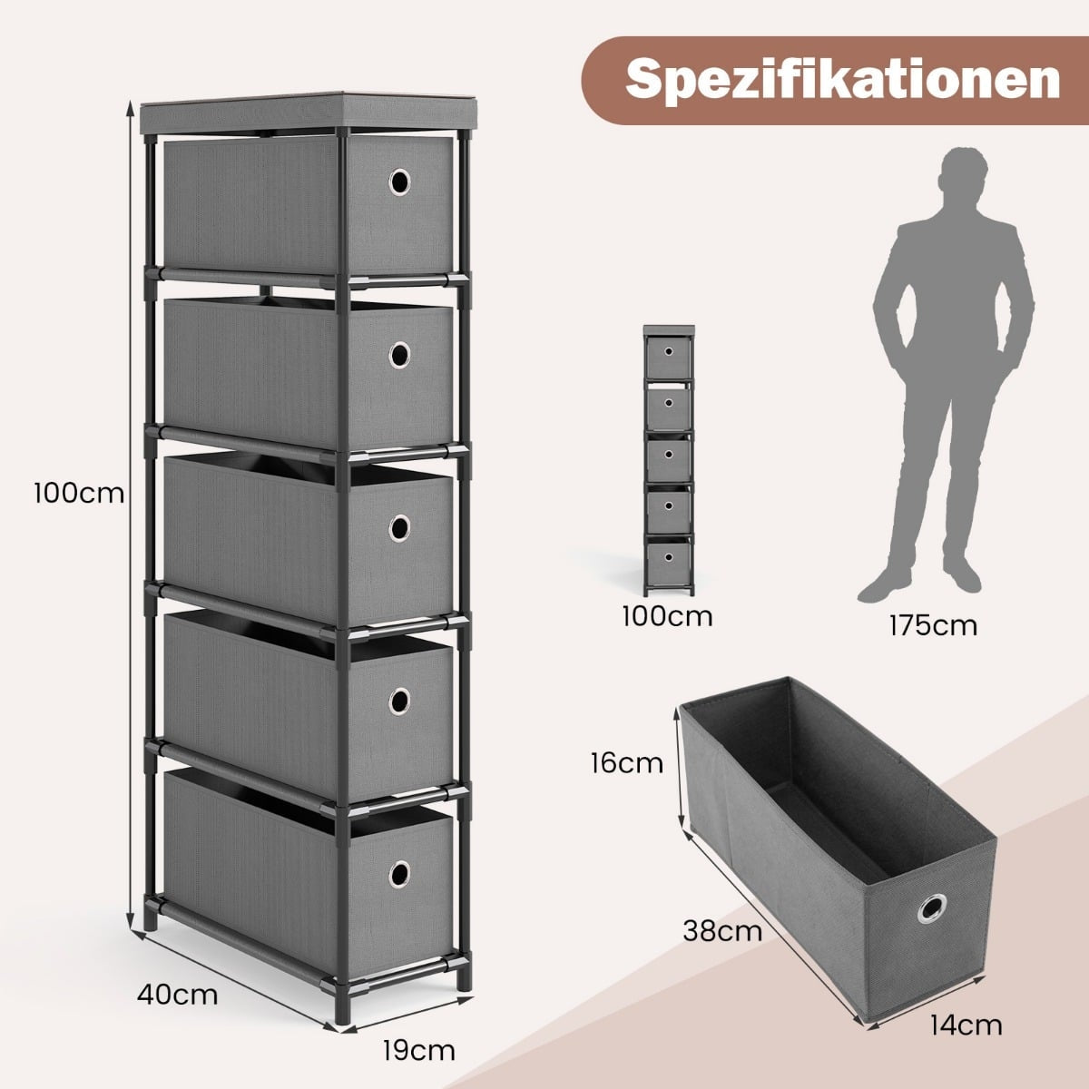 Narrow 5-Drawer Storage Tower, Metal Frame, Wood Top